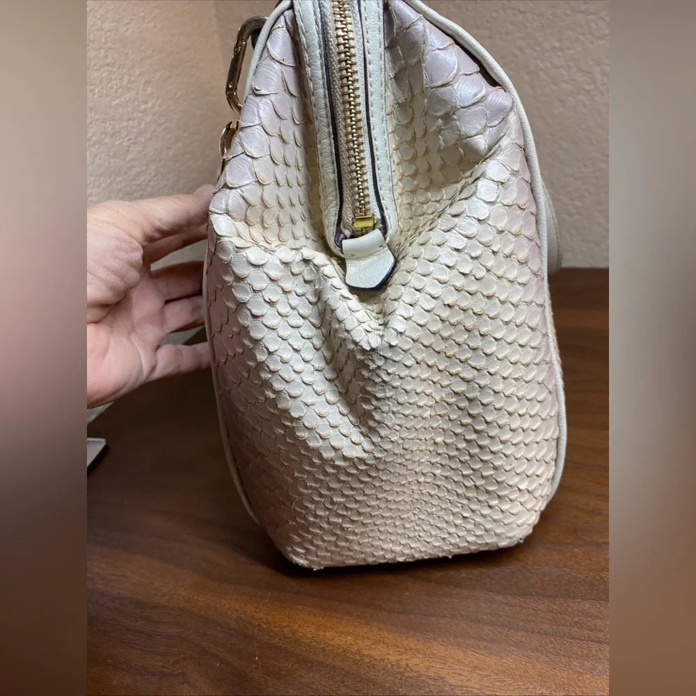 Coach Madison Textured Embossed Python Satchel Bag Ivory Purple Large Charms‎